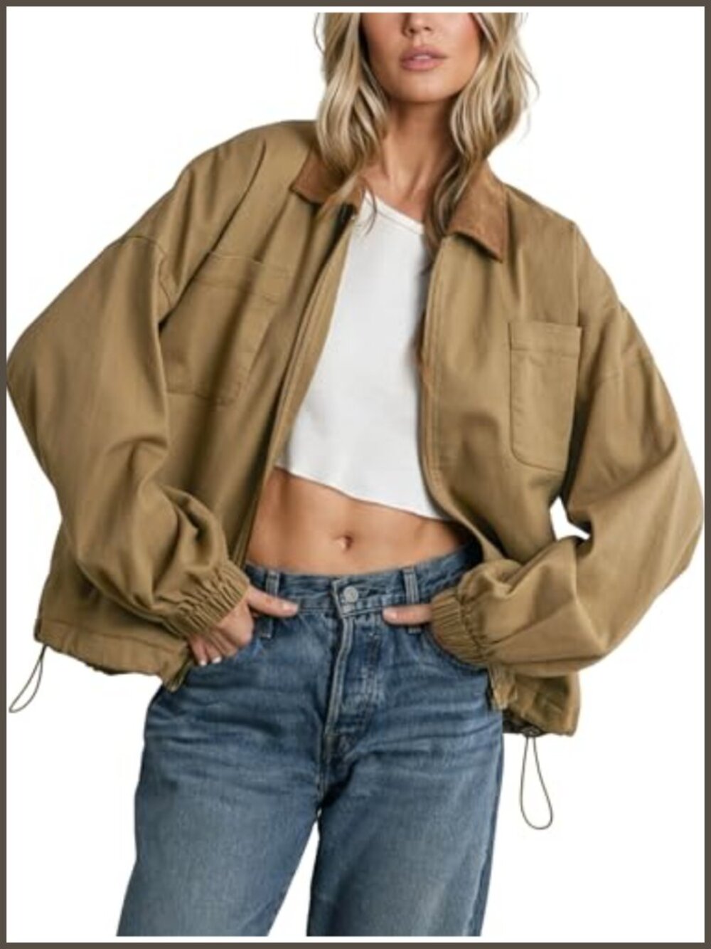 Corduroy Collar Utility Jacket Cinchable Hem Pockets Workwear